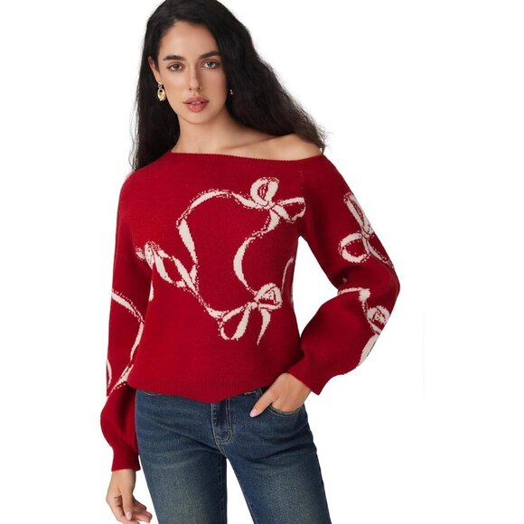 Women’s Red CIDER One Shoulder Bowknot Knit Pullover Sweater - Picture 3 of 5